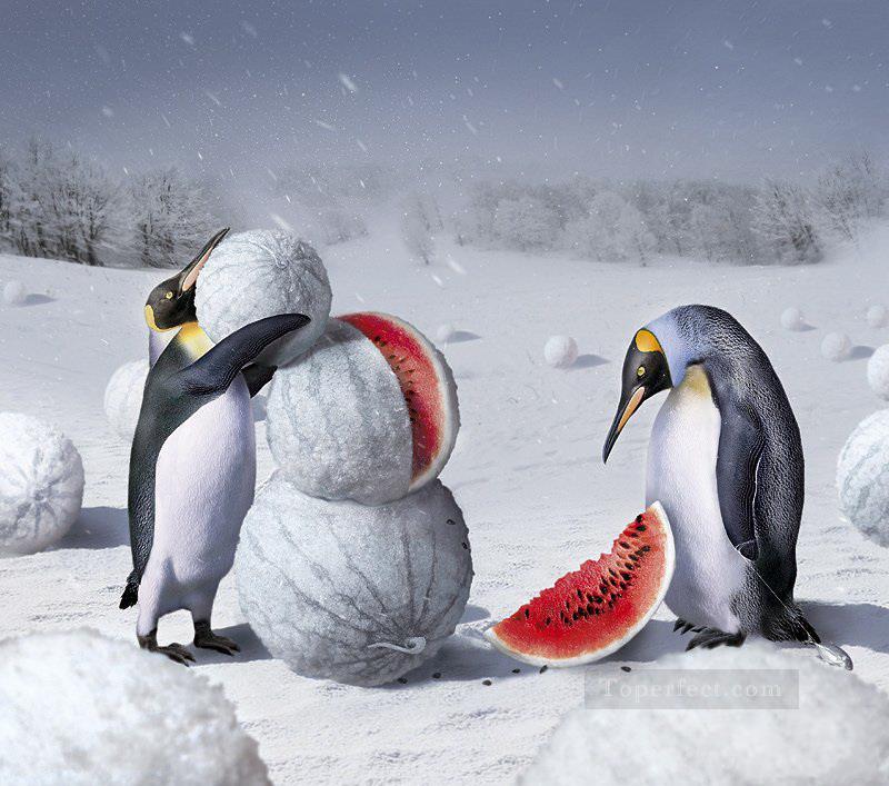 pingouins et animal de pastèque Peintures à l'huile